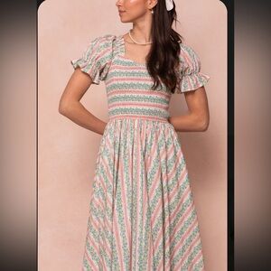 Ivy City Co XS Smocked Puff Midi Dress in Peach & Green Spring Summer Teagan